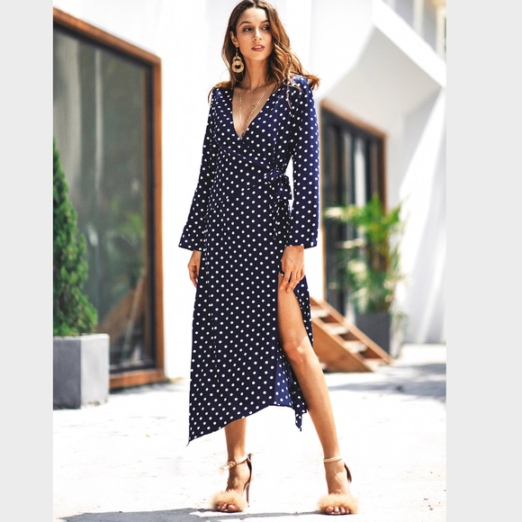 Navy Polka Dot Wrap Maxi Dress Long Sleeves Blue - Picture 5 of 7